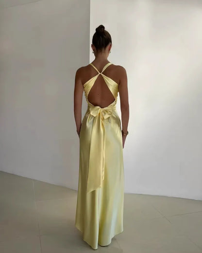 Women’s Satin Crepe Maxi Dress – Elegant V-Neck Embellished Bead Crystal Bow Back Dress