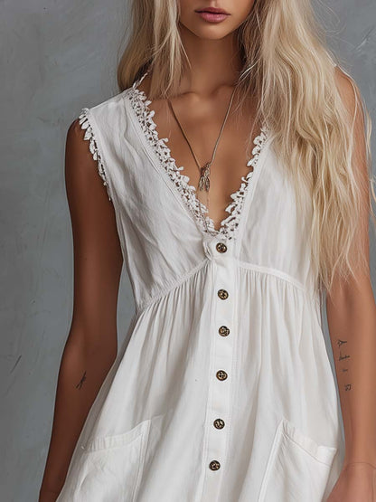 Elegant Vintage Western Lace V-Neck Front-Button White Cotton Mini Dress