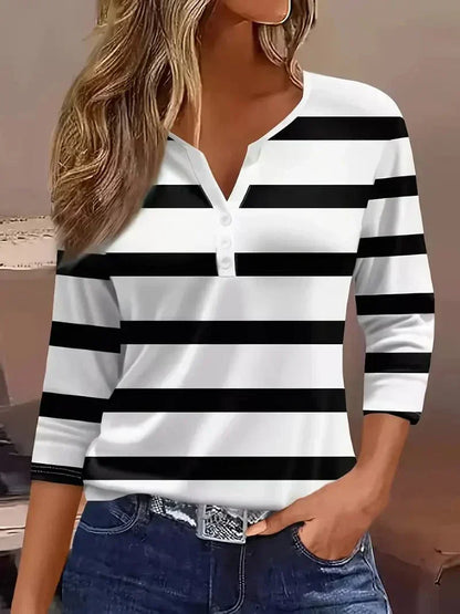 Women's Striped V-Neck Top with Short Sleeves and Lightweight Fabric