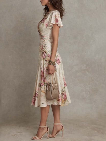 Romantic Vintage Floral Chiffon With Ivory Blush Print Midi Dress