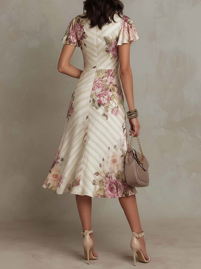 Romantic Vintage Floral Chiffon With Ivory Blush Print Midi Dress