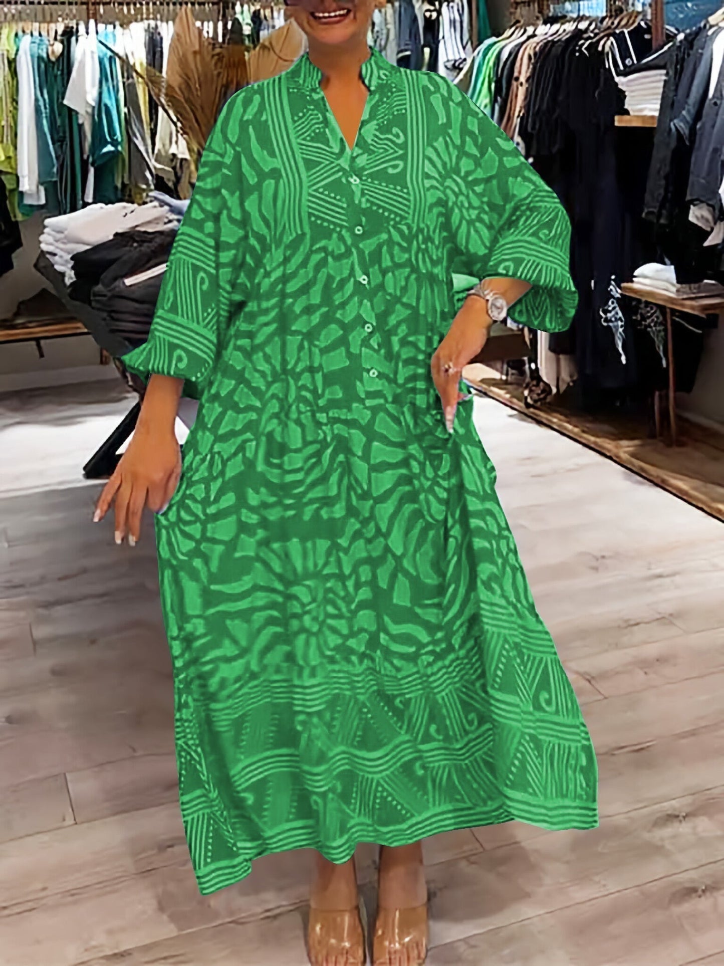 Women's V Neck Flowy Dress with Loose Fit and Tummy Control