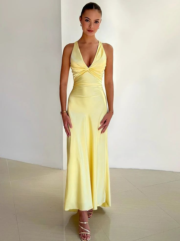 Women’s Satin Crepe Maxi Dress – Elegant V-Neck Embellished Bead Crystal Bow Back Dress