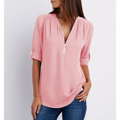 Women's Zip-Up V-Neck Half Sleeve Blouse with Versatile Style and Easy Care