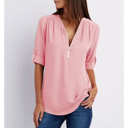 Women's Zip-Up V-Neck Half Sleeve Blouse with Versatile Style and Easy Care