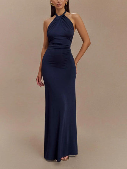 Exquisitely Captivating Halter Neck Silky Slinky Luxurious Ruched Textured Maxi Dress