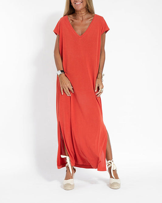 Couture-Inspired V-Neck Side-Slit Ultra-Soft Jersey Season-Long Coral Maxi Dress