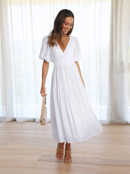 Women's V-Neck Midi Dress with Puff Sleeves and Smocked Waist