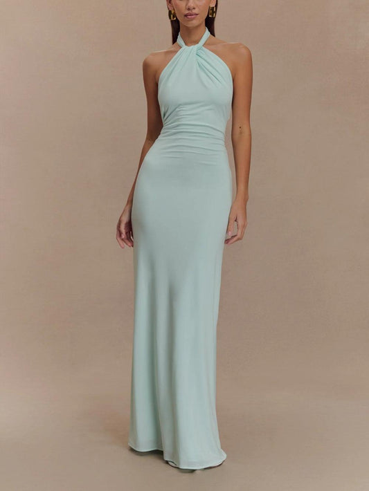 Exquisitely Captivating Halter Neck Silky Slinky Luxurious Ruched Textured Maxi Dress