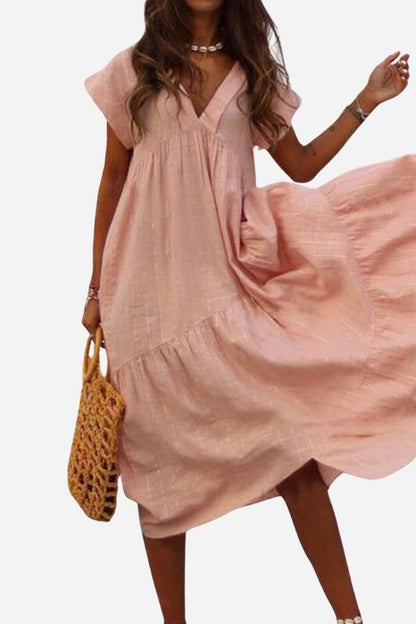 Women's V-Neck Midi Dress with Tiered Design and Flutter Sleeves