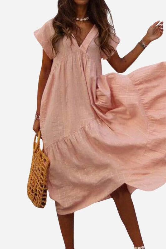Women's V-Neck Midi Dress with Tiered Design and Flutter Sleeves
