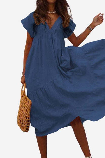 Women's V-Neck Midi Dress with Tiered Design and Flutter Sleeves