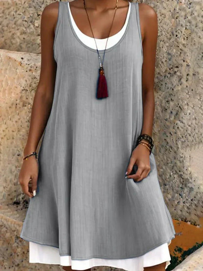 Women's Layered Mini Dress with Sleeveless Design and Scoop Neck