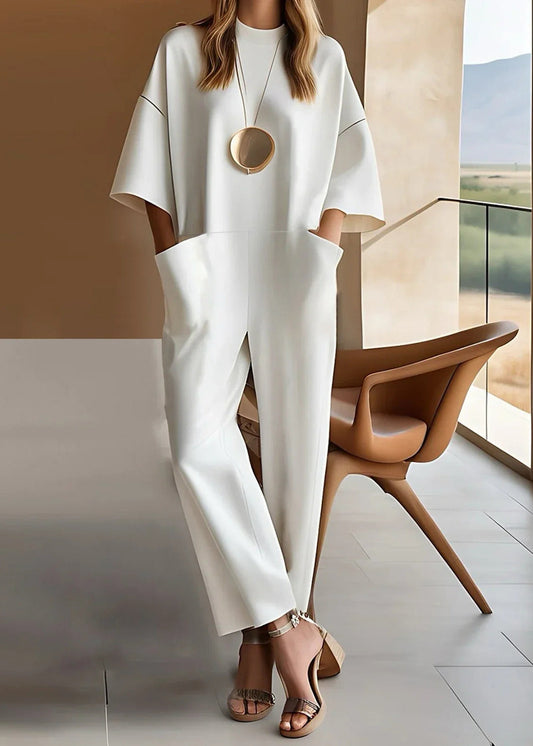 Women's Wide Leg Jumpsuit with Short Sleeves and Crew Neck