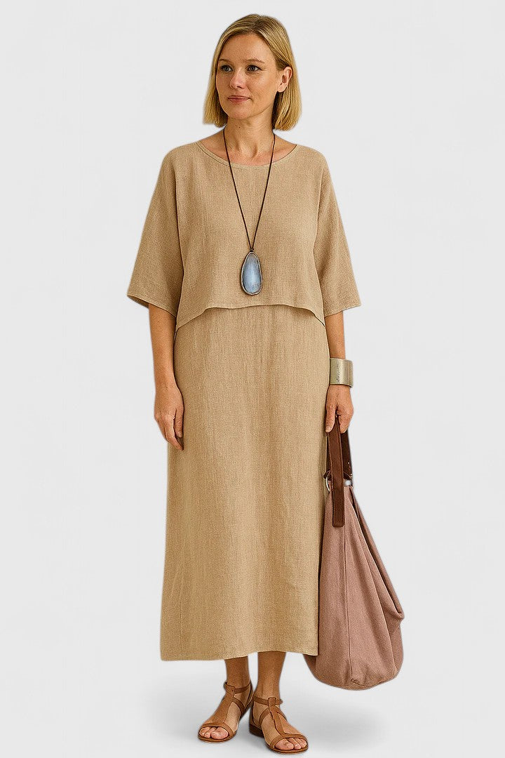 Women's Relaxed Linen Two-Piece Set: Layered Short-Sleeve Top and Sleeveless V-Neck Maxi Dress in Oatmeal Tone