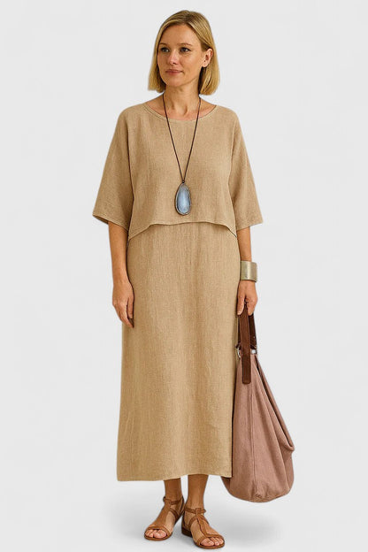 Women's Relaxed Linen Two-Piece Set: Layered Short-Sleeve Top and Sleeveless V-Neck Maxi Dress in Oatmeal Tone