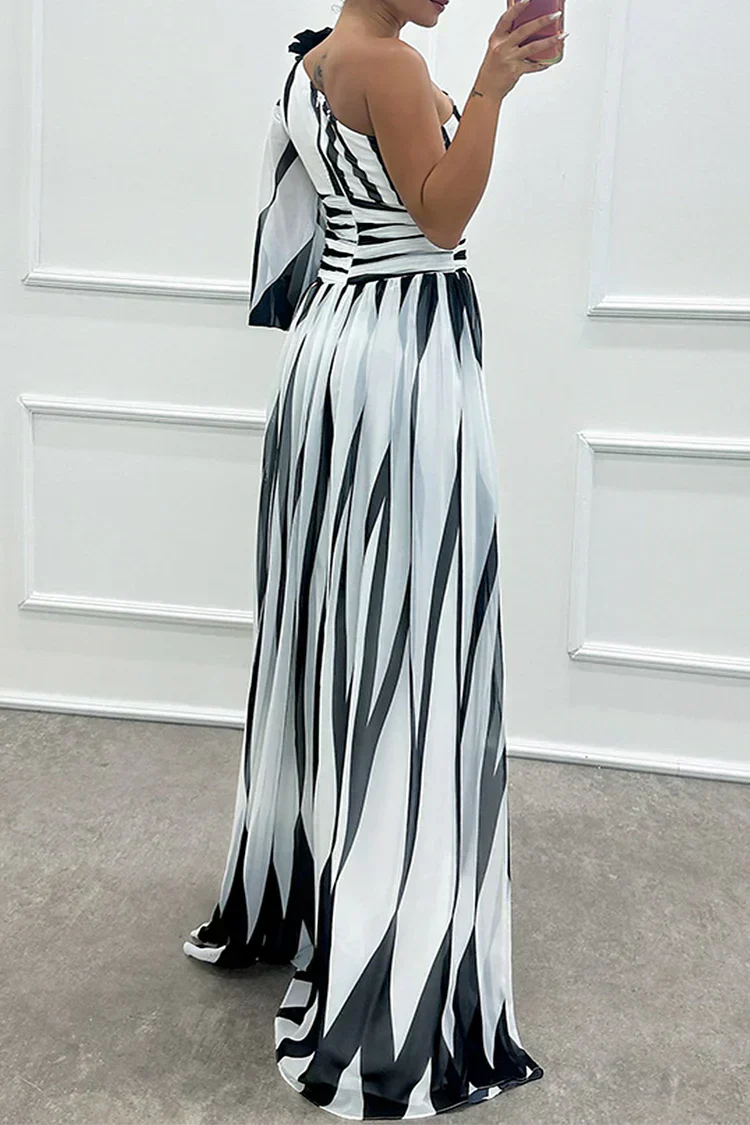 Women's Striped One Shoulder Maxi Dress with Flowing Design and Versatile Style