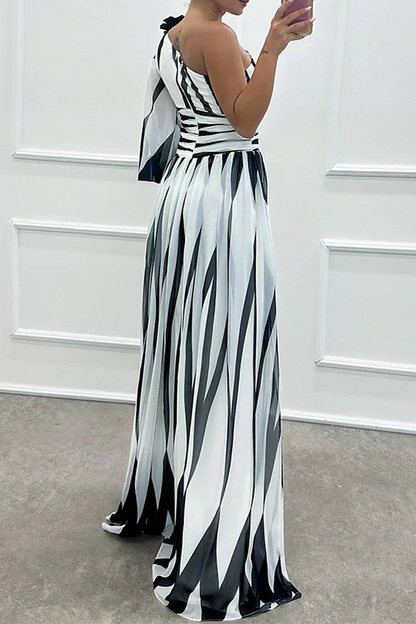 Women's Striped One Shoulder Maxi Dress with Flowing Design and Versatile Style