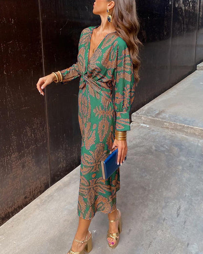 Elegant Floral Print Ruched V Neck A Line Dresses