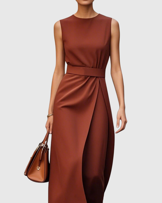 Women's Sleeveless Midi Dress with Round Neck and Twisted Detail