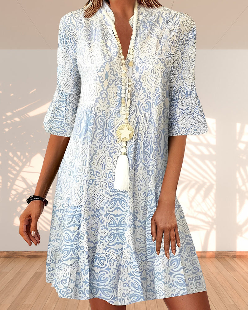 Luxurious Bohemian Floral Print Lightweight Powder Blue V-neck Flowing Maxi Length Dress