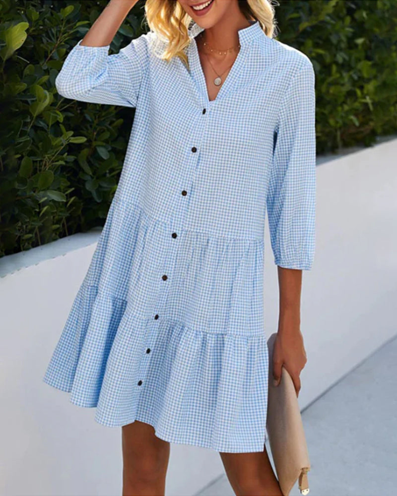 Women's Summer Dress with Check Pattern and Short Sleeves