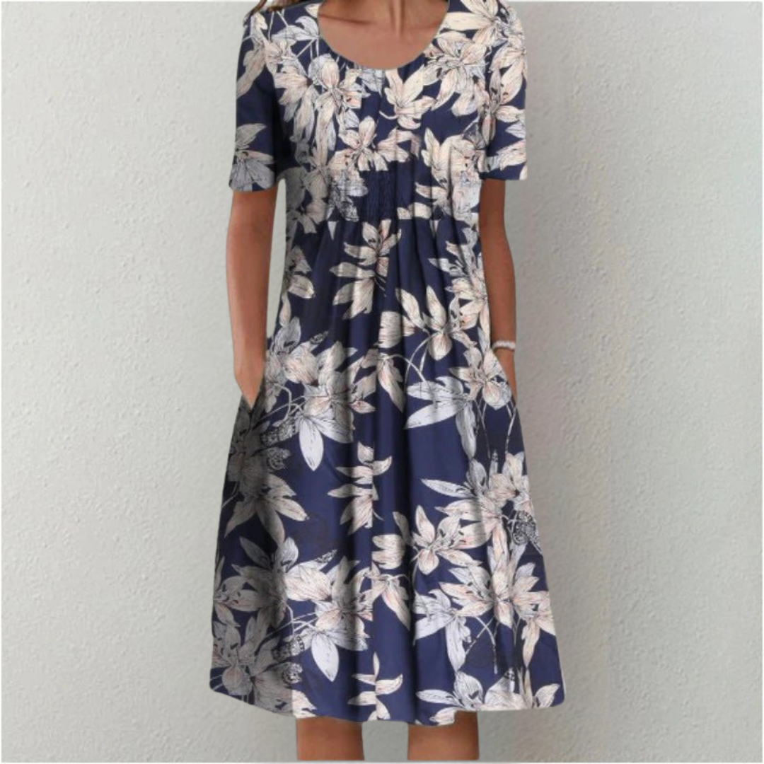 Women's Casual Floral Dress with Pockets and Short Sleeves