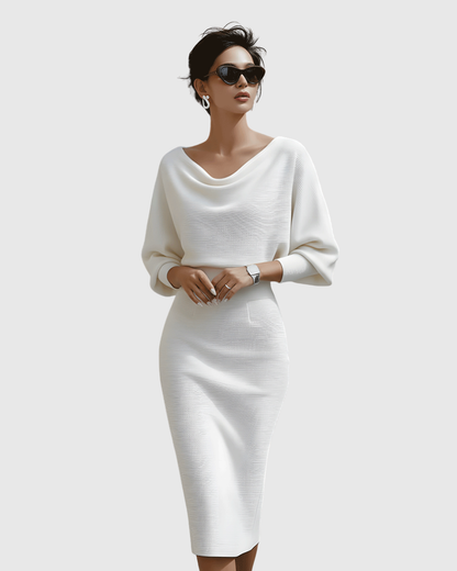 Women's Midi Dress with Cowl Neck and Batwing Sleeves