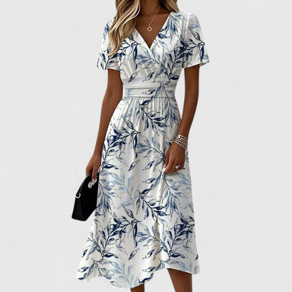 Women's Floral Wrap Midi Dress with V-Neck and Short Sleeves