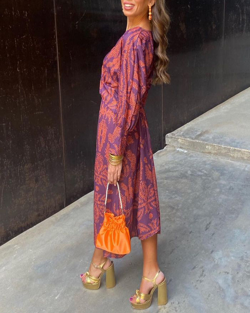 Elegant Floral Print Ruched V Neck A Line Dresses