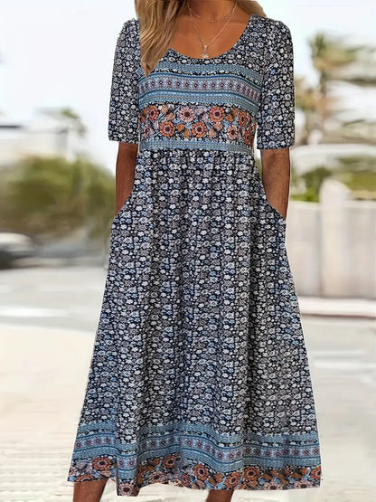 Women's Bohemian Print Dress with Round Neckline and Flowy Skirt