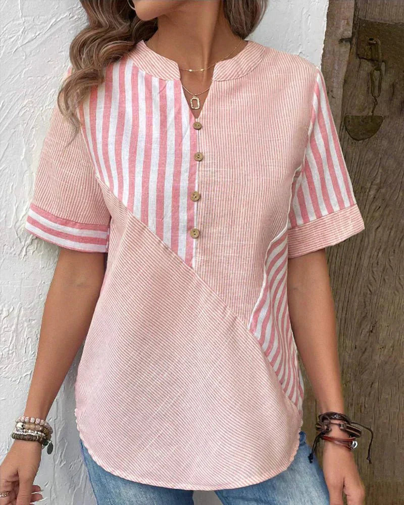 Women's Striped Blouse with Short Sleeves and Lightweight Fabric