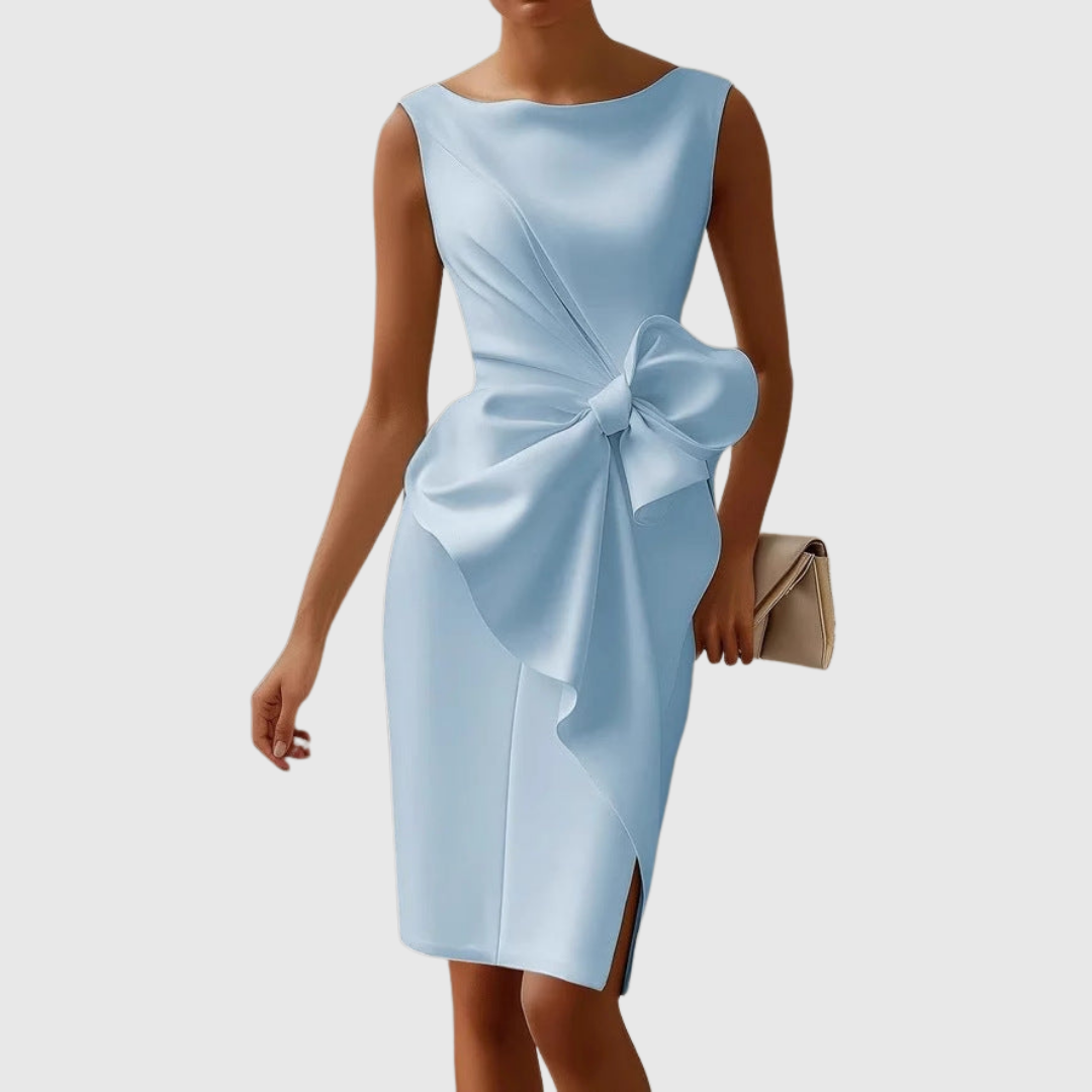 Women's Boat Neck Midi Dress with Sleeveless Design and Bow Detail