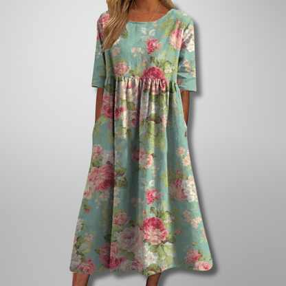 Effortlessly Sophisticated Luxurious Linen Floral Print Flowing Silhouette Midi Dress