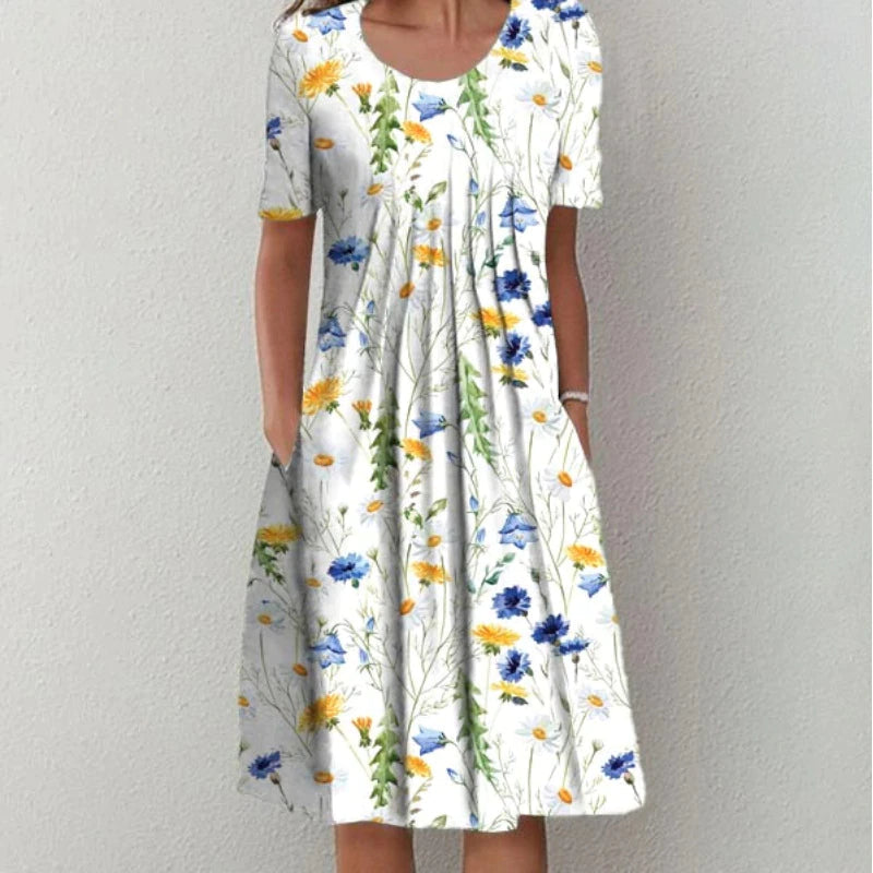 Women's Casual Floral Dress with Pockets and Short Sleeves