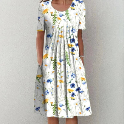 Women's Casual Floral Dress with Pockets and Short Sleeves