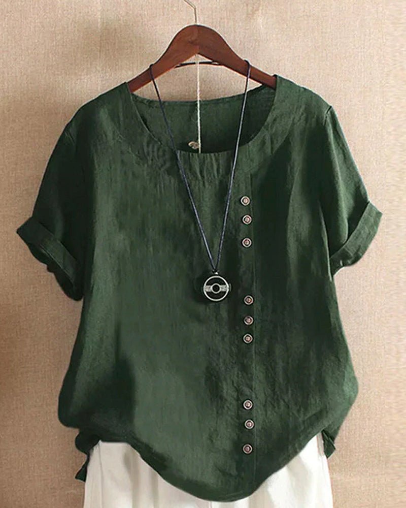 Women's Casual Short Sleeve Top with Button Front and Crew Neck