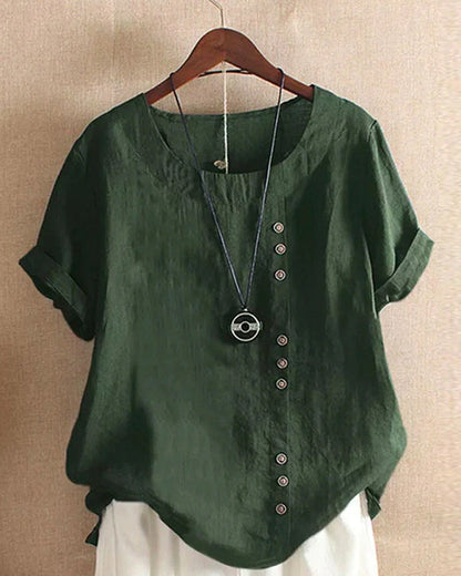 Women's Casual Short Sleeve Top with Button Front and Crew Neck