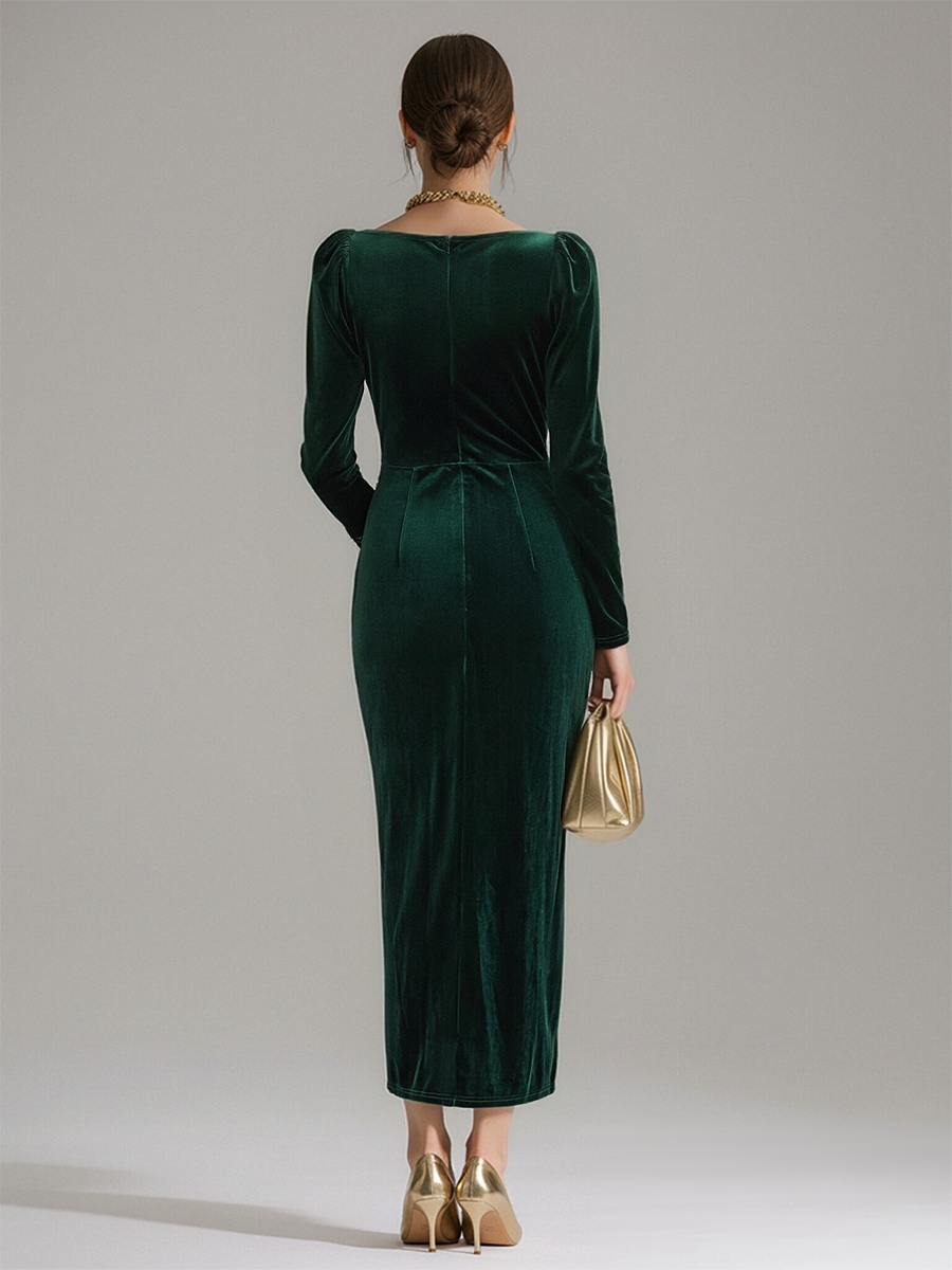 Women’s Velvet Textured Dress – Ruffled Neckline Long Sleeve Tulip Skirt Elegant Dress