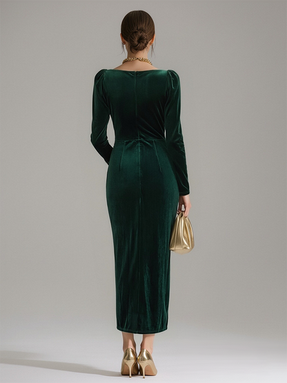 Women’s Velvet Textured Dress – Ruffled Neckline Long Sleeve Tulip Skirt Elegant Dress