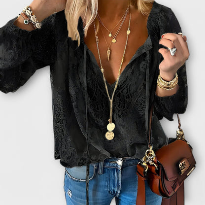 Women's Boho Lace Blouse with V-Neck and Long Sleeves