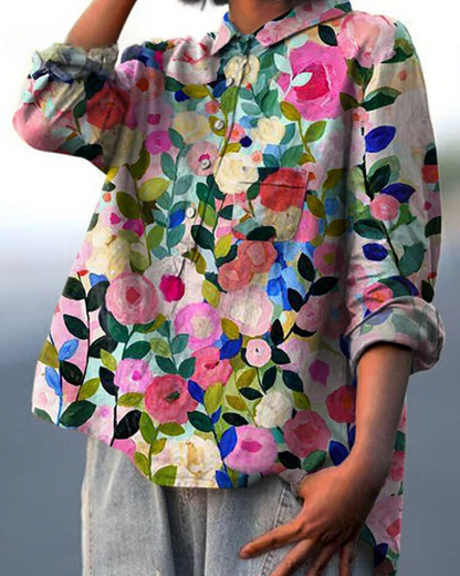 Women's Floral Blouse with Short Sleeves and Lightweight Fabric