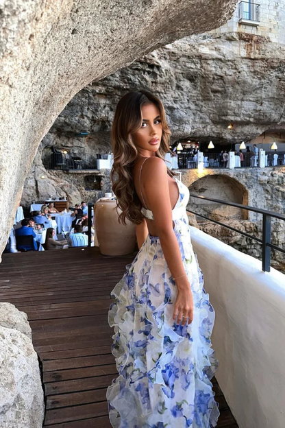 Opulent Glamorous Ruffled Tiered Floral Pattern Exquisitely Delicate Flowing Maxi Dress