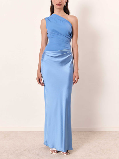Women's One Shoulder Pleated Maxi Dress with Flowing Design and Versatile Style