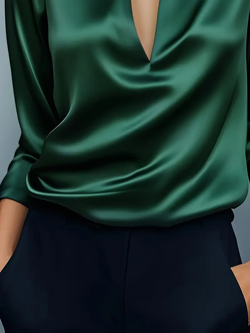 Women's V-Neck Blouse with Satin Finish and Elegant Design