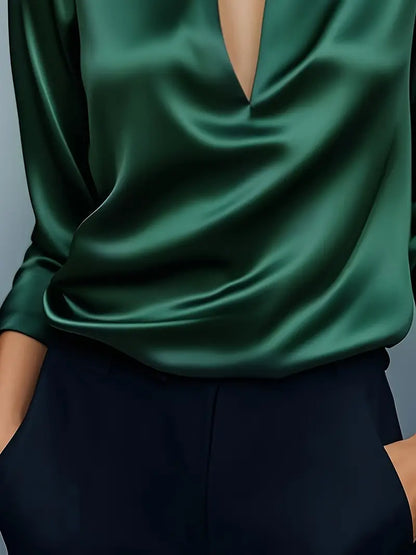 Women's V-Neck Blouse with Satin Finish and Elegant Design
