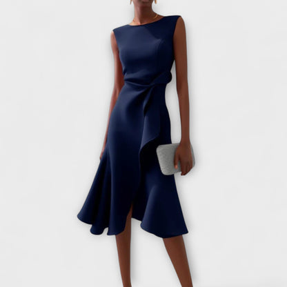 Glamorous Draped Asymmetric Crepe With Luxuriously Contoured Silhouette Midi Dress