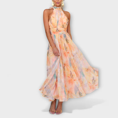 Women’s Watercolor Print Maxi Dress – Luxurious Halter Neck Open Back Flowing Silhouette Dress