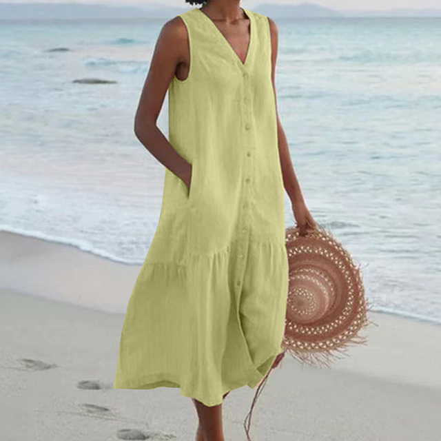 Women’s Crepe Midi Dress – Timeless Elegant Sleeveless Button Front Slimming Silhouette Dress