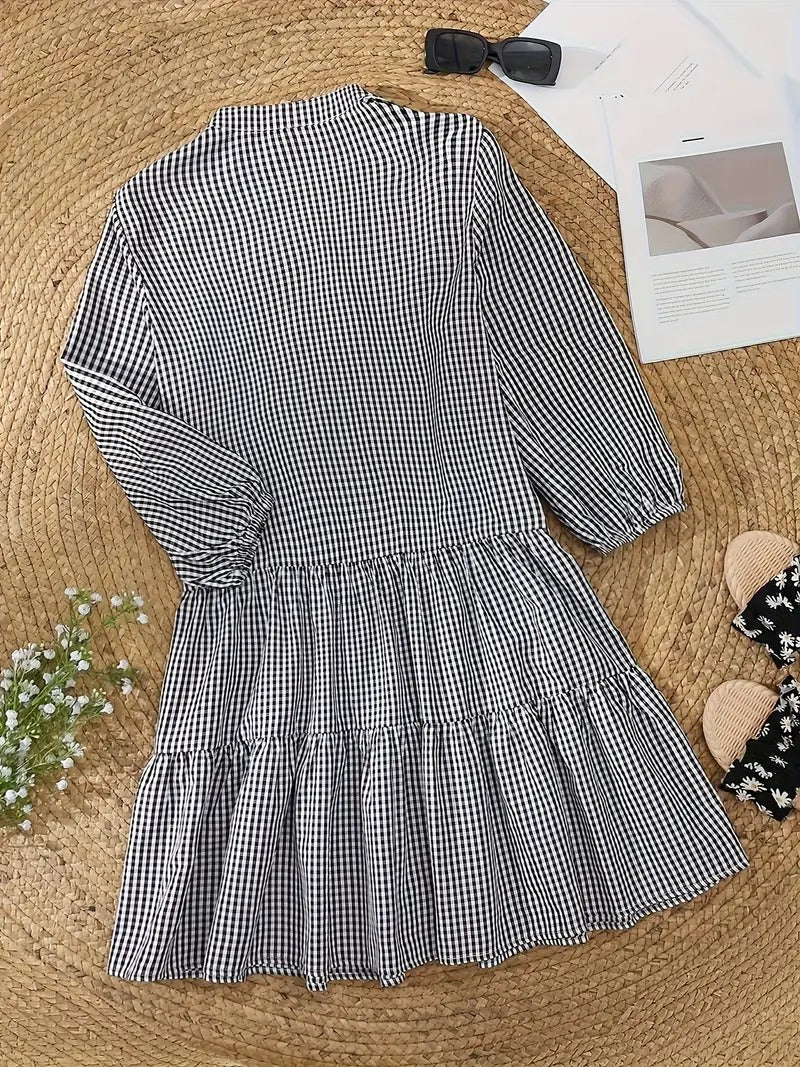 Women's Gingham Print Mini Dress with Button-Down Front and 3/4 Sleeves